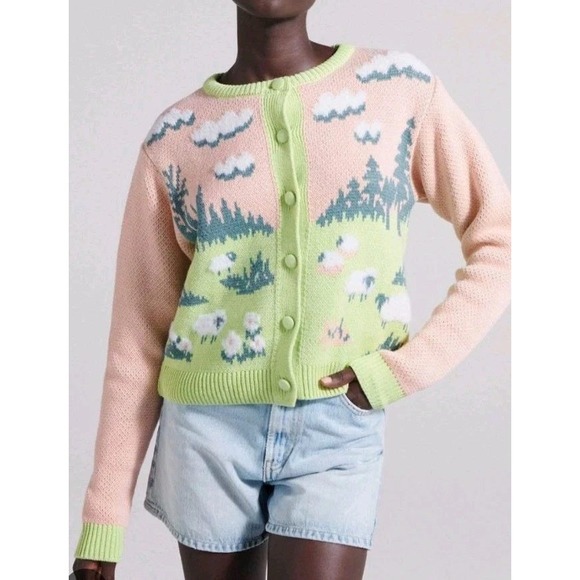 Zara Sweaters - ZARA Women's Knit Jacquard Fuzzy Sheep Landscape Cardigan Pink Green Size S‎
